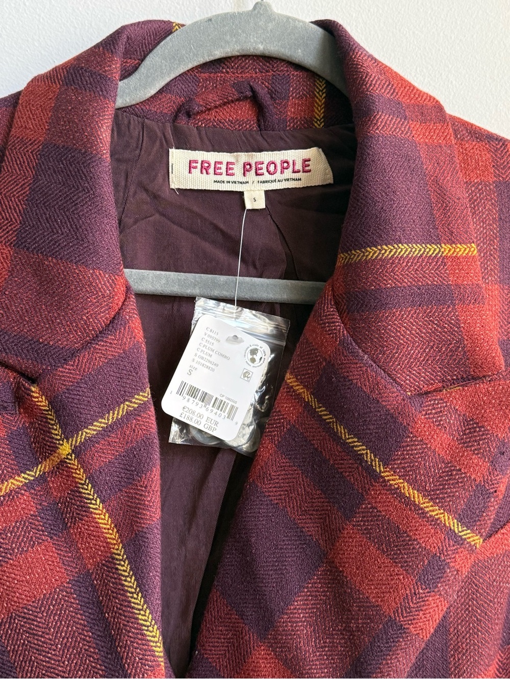Free People Blazer Double Breasted Burgundy Plaid Jacket Oversized Relaxed Fit S - Picture 10 of 12